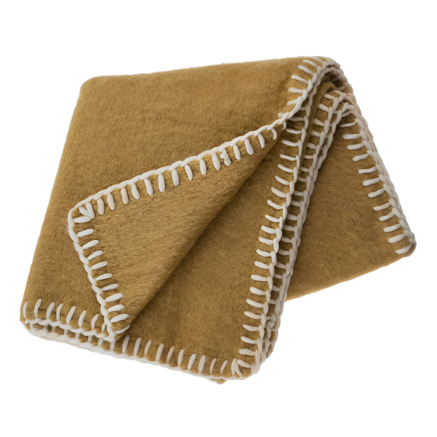 BLANKET STITCH WOOL BLEND THROW | OCHRE