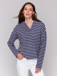 TERRY VNECK HOODIE  |  NAVY STRIPE