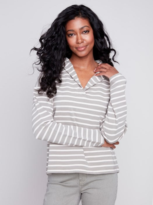 V-NECK STRIPED HOODIE | CELADON