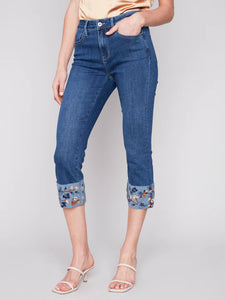 EMBROIDERED CUFFED ANKLE PANTS | INDIGO