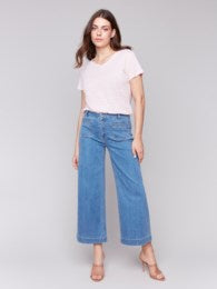 CROPPED FLARE LEG PATCH JEANS  |  BLUE