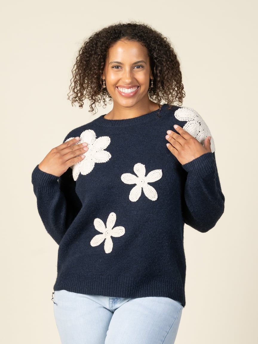 CROCHET FLORAL SWEATER  |  NAVY