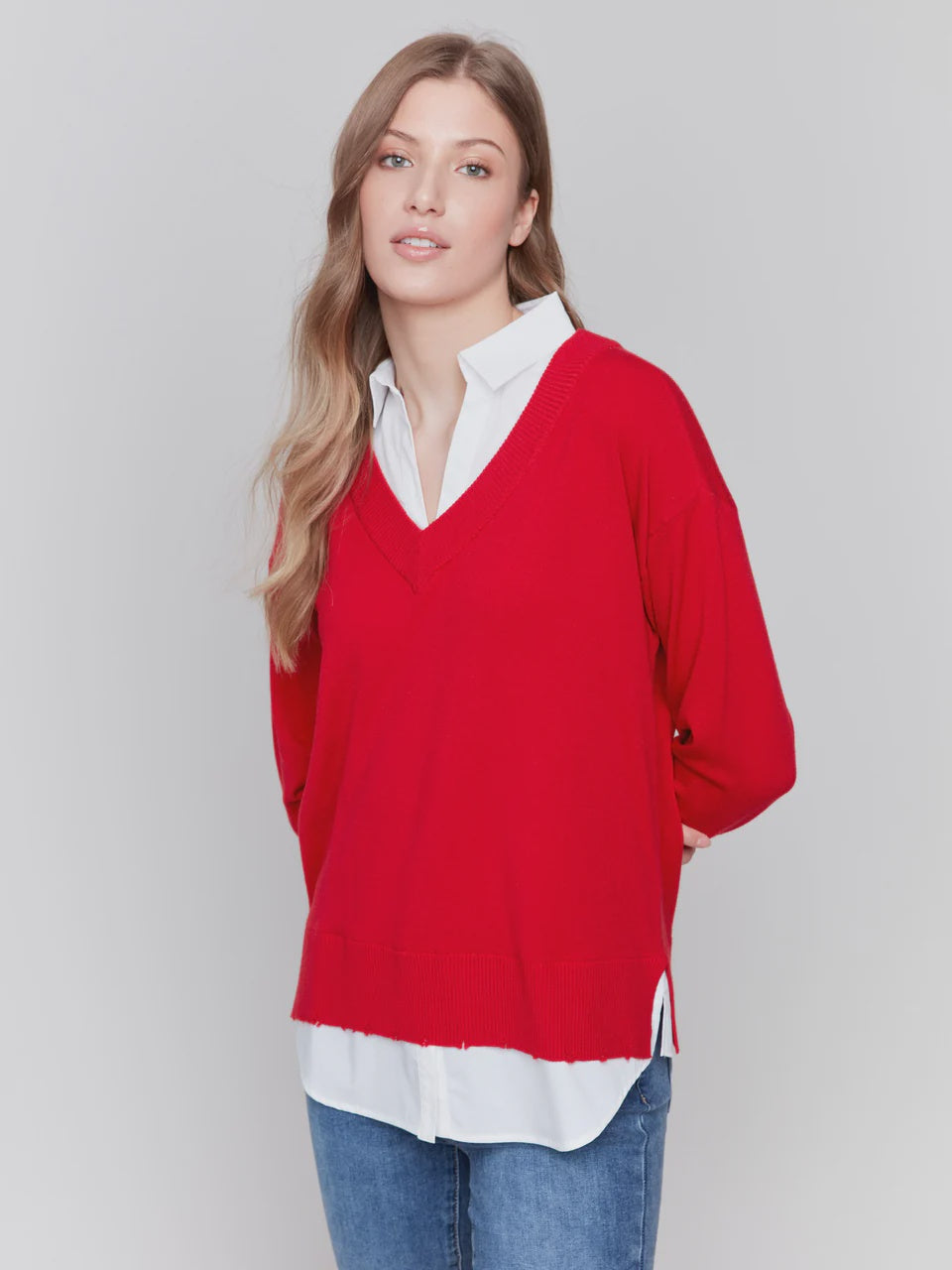 V-NECK FOOLER SWEATER | CRANBERRY