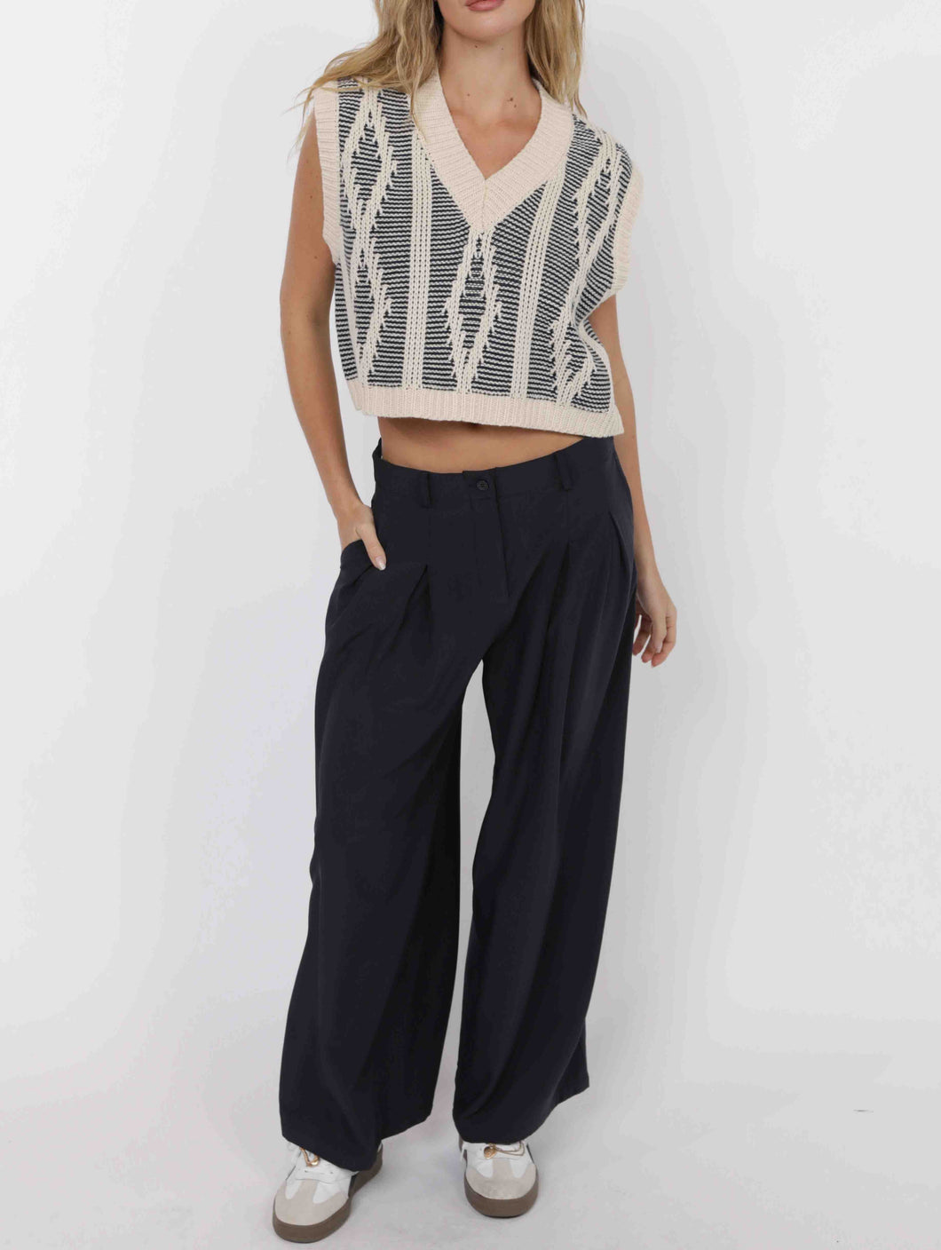 MACY TWO TONE CABLE KNIT VEST  |  NAVY CREAM