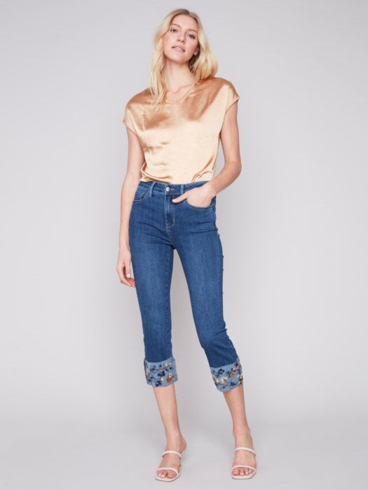 EMBROIDERED CUFFED ANKLE PANTS | INDIGO