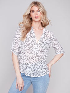 PRINTED ROLL UP SLEEVE COTTON BLOUSE